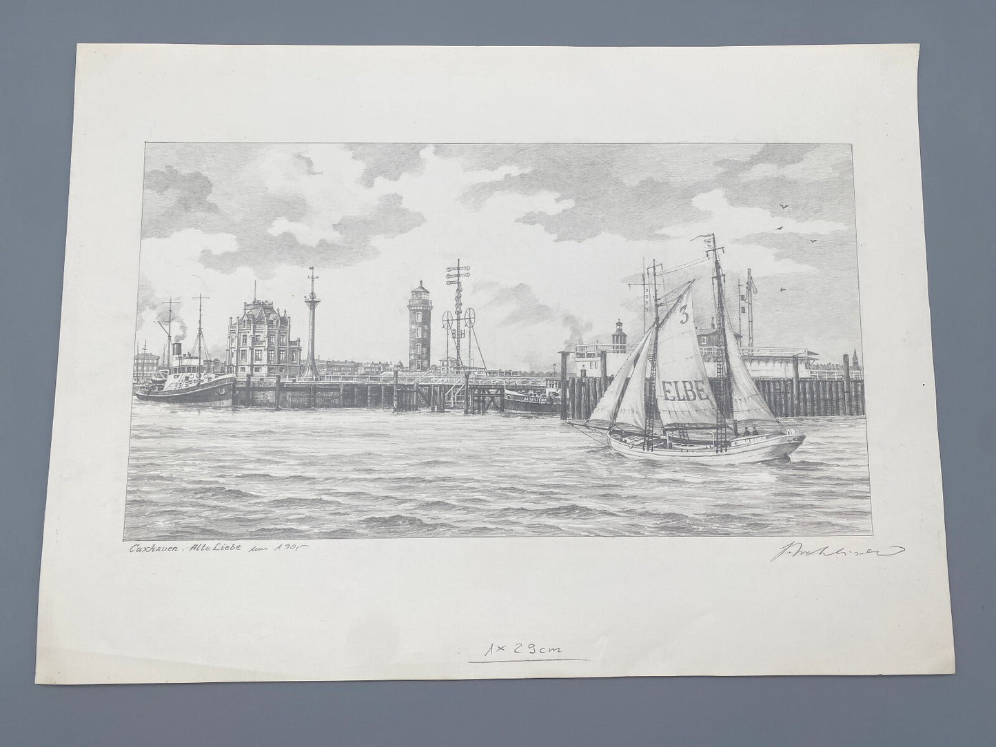 DEUTSCHER KÜNSTLER HEINZ WEHLISCH ZEICHNUNG CUXHAVEN ALTE LIEBE UM 1901 SIGNIERT