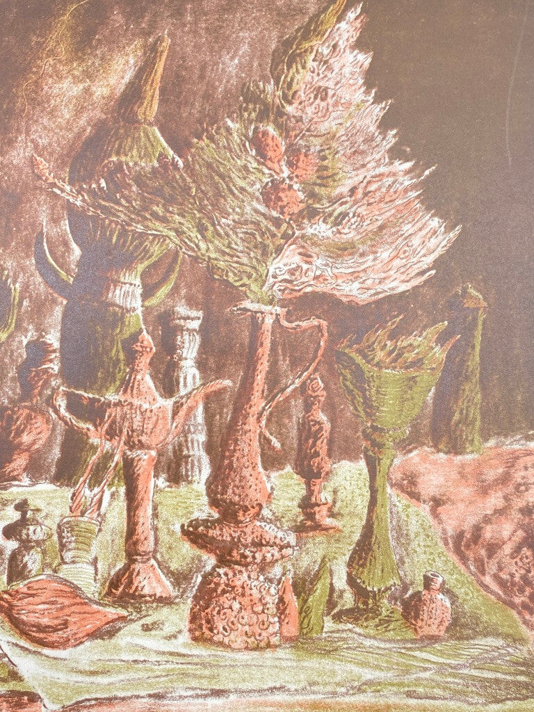* KUNSTDRUCK ZEICHNUNG STILLEBEN ABSTRAKT VANITAS ROT GRÜN DRUCK PROBE SIGNIERT