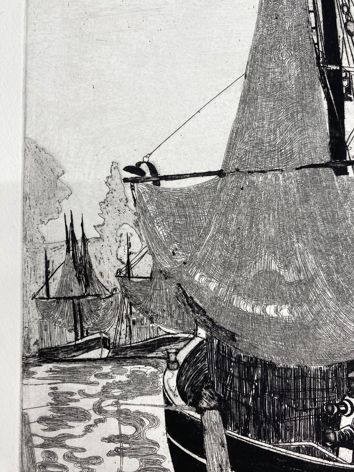 * HERBERT GRUNWALDT 1968 RADIERUNG ORIGINAL KRABBEN FISCHERBOOTE HAFEN SIGNIERT