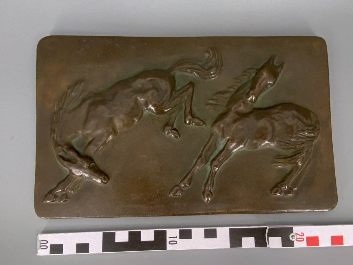 * WANDBILD RELIEF 2 PFERDE BRONZE MESSING 60er WANDPLAKETTE