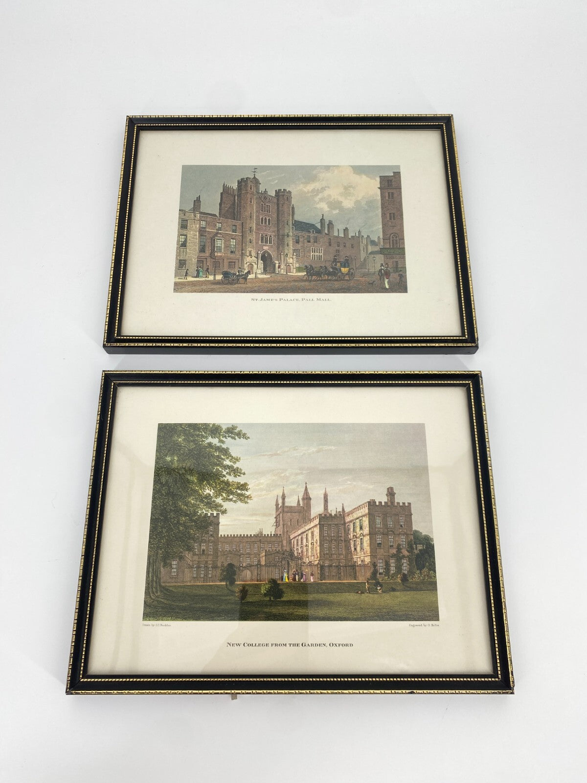 * 2 x DRUCK KUNSTDRUCK RADIERUNG NEW COLLEGE OXFORD ST. JAMES PALACE PALL MALL