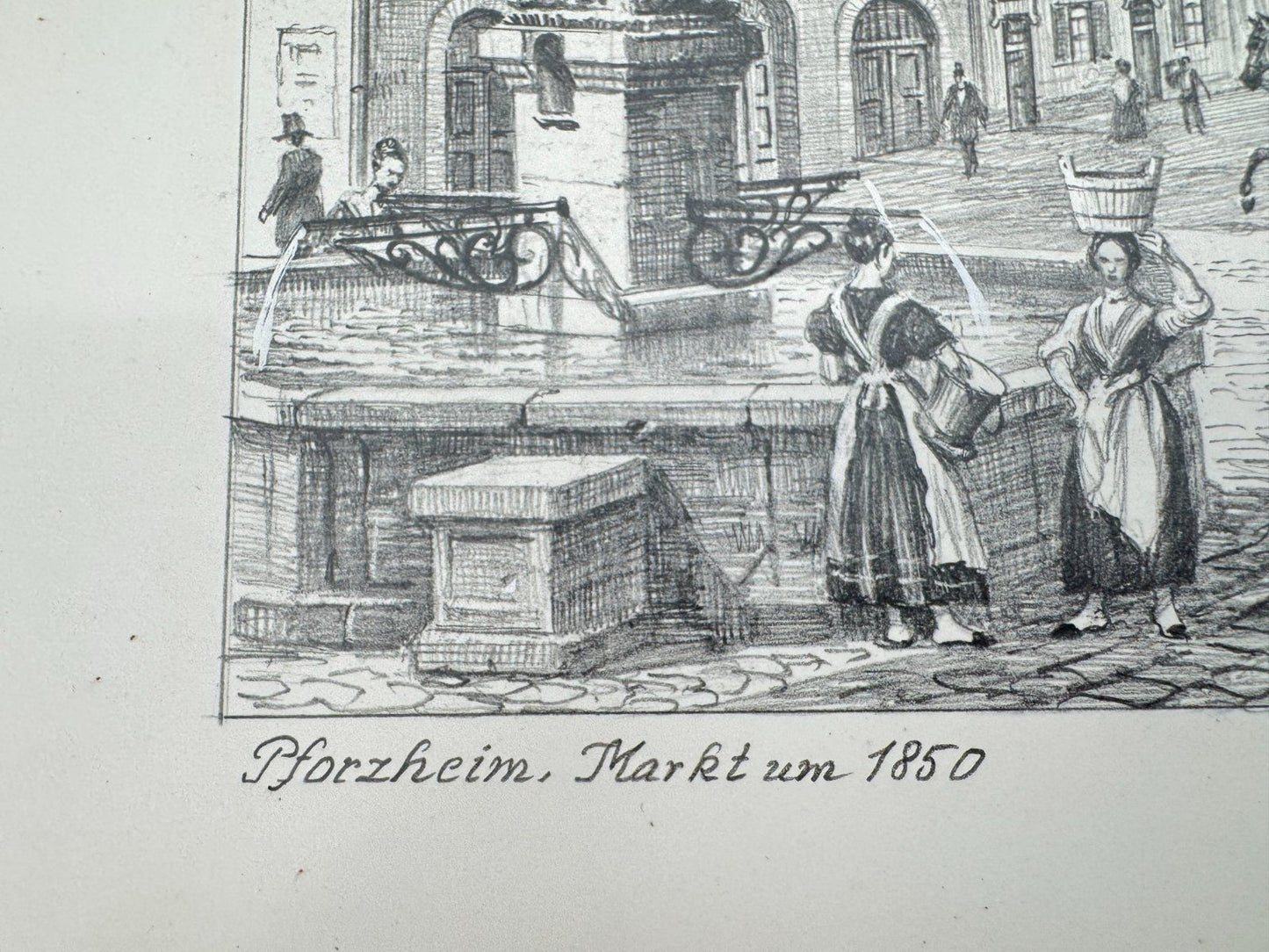 * HEINZ WEHLISCH ZEICHNUNG PFORZHEIM MARKT UM 1850 ANSICHT SIGNIERT