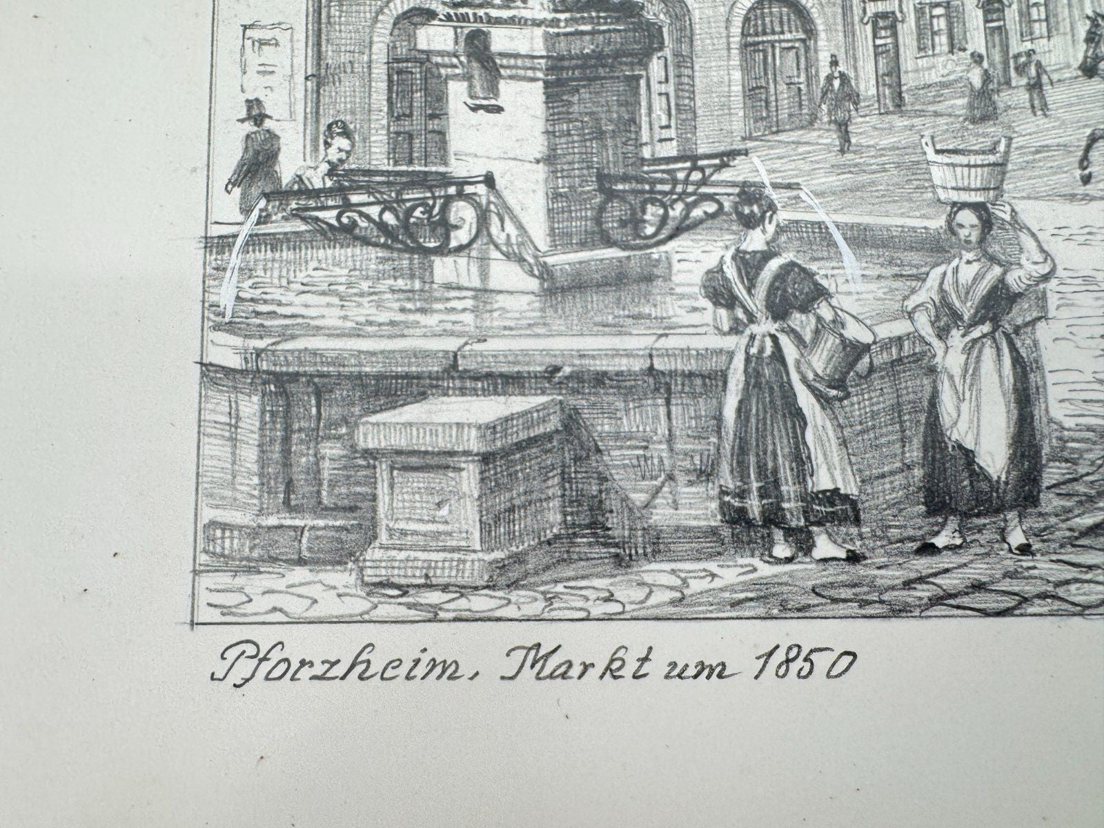 * HEINZ WEHLISCH ZEICHNUNG PFORZHEIM MARKT UM 1850 ANSICHT SIGNIERT