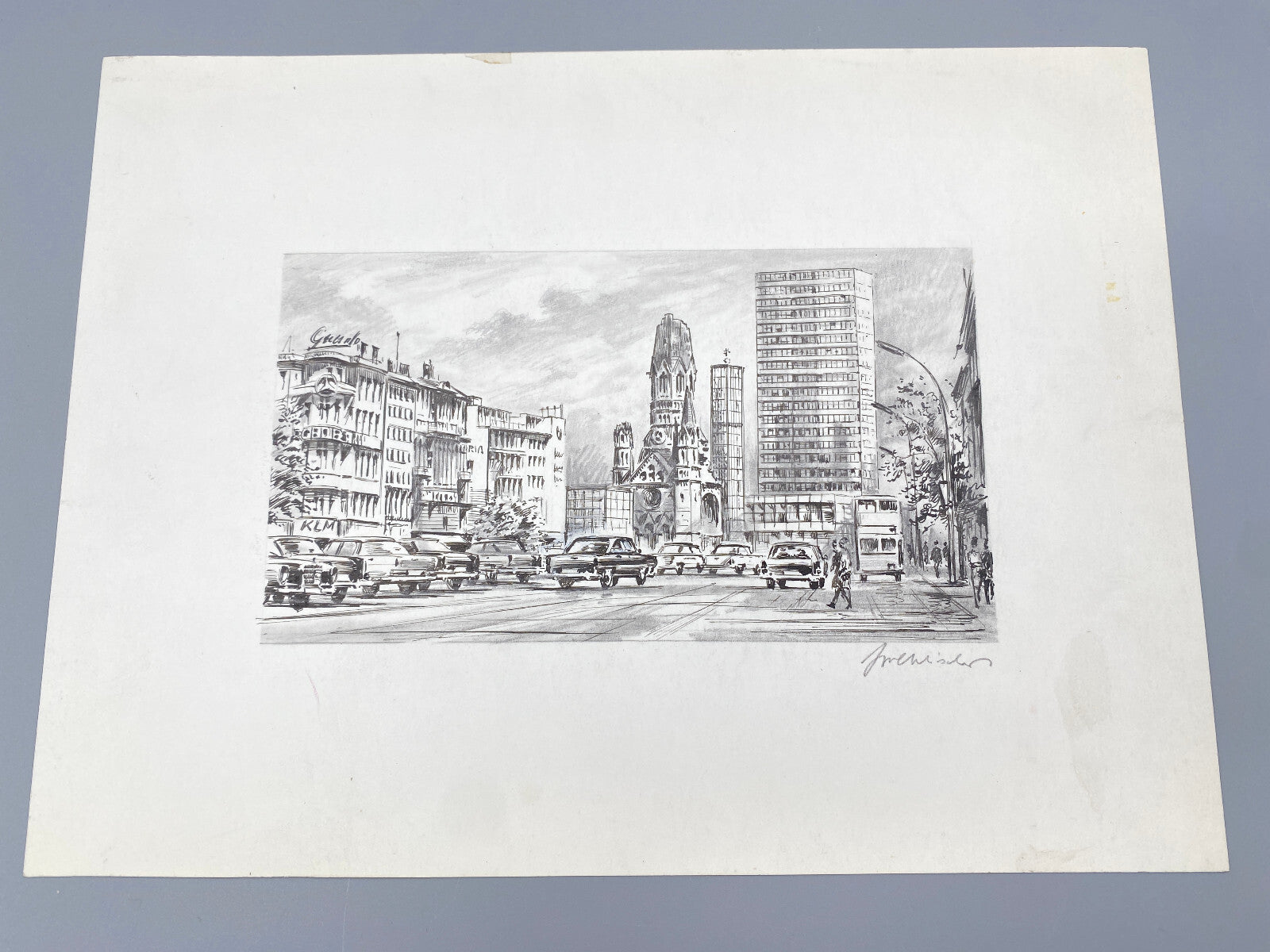 HEINZ WEHLISCH BERLIN KURFÜRSTENDAMM  GEDÄCHTNISKIRCHE  ORIGINAL ZEICHNUNG