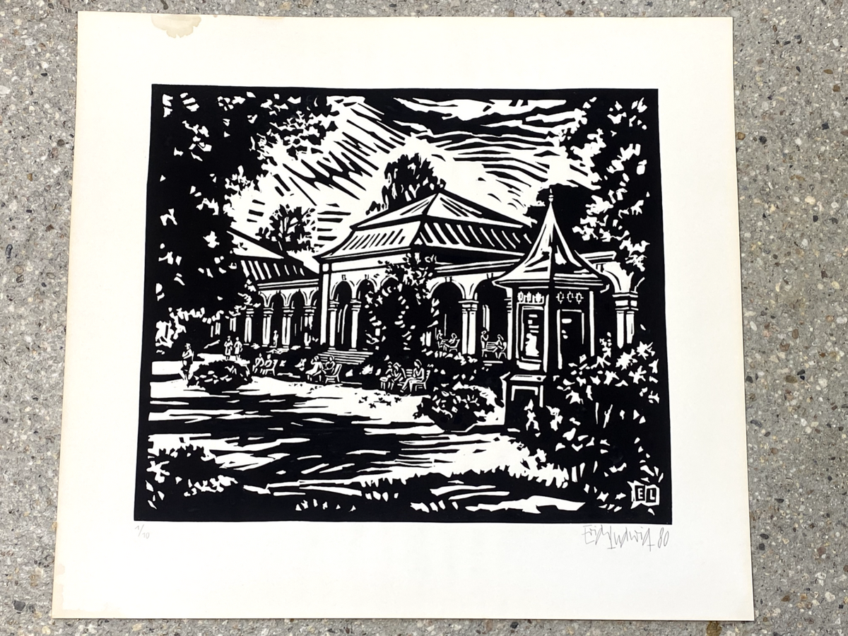*HOLZSCHNITT LINOLDRUCK PARK GARTEN ERICH LUDWIG 1980 59x65 cm  SIGNIERT
