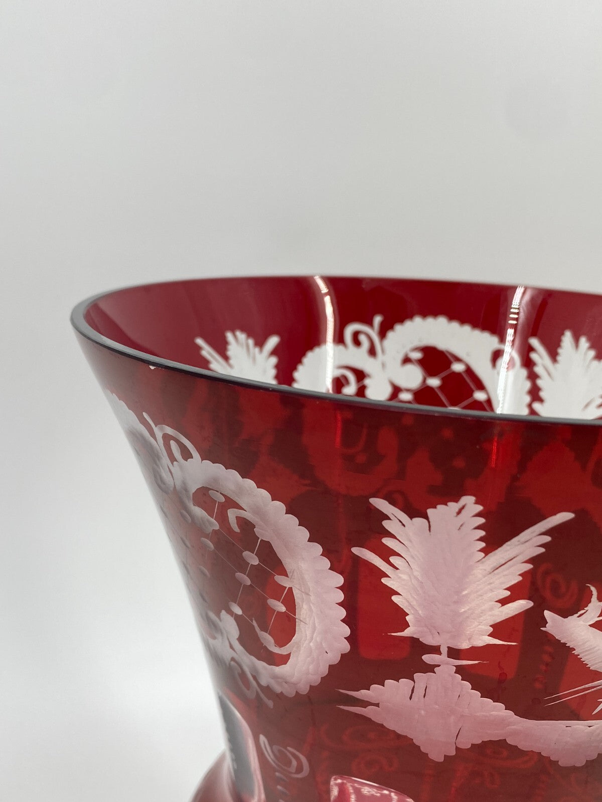* VASE GROß BÖHMISCHES GLAS BÖHMEN TSCHECHIEN ROT JAGD HIRSCH VINTAGE