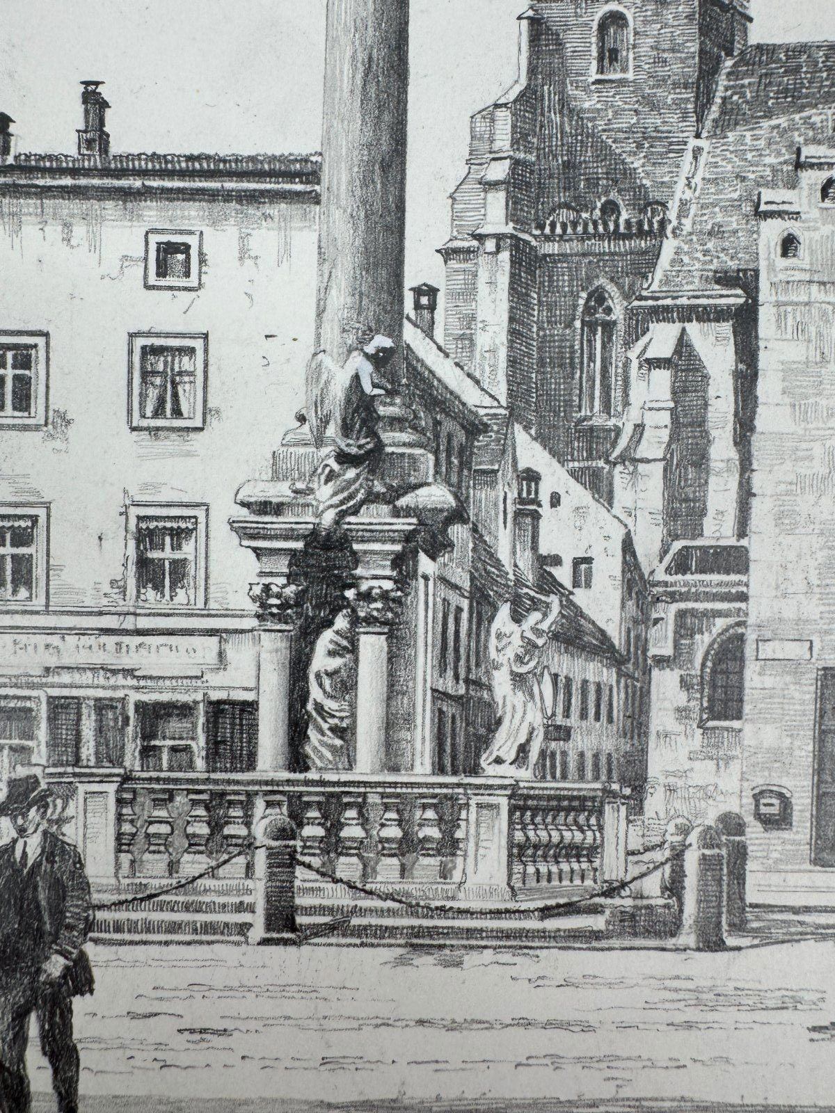 * HEINZ WEHLISCH ZEICHNUNG STRAUBING DREIFALTIGKEITS SÄULE ANSICH