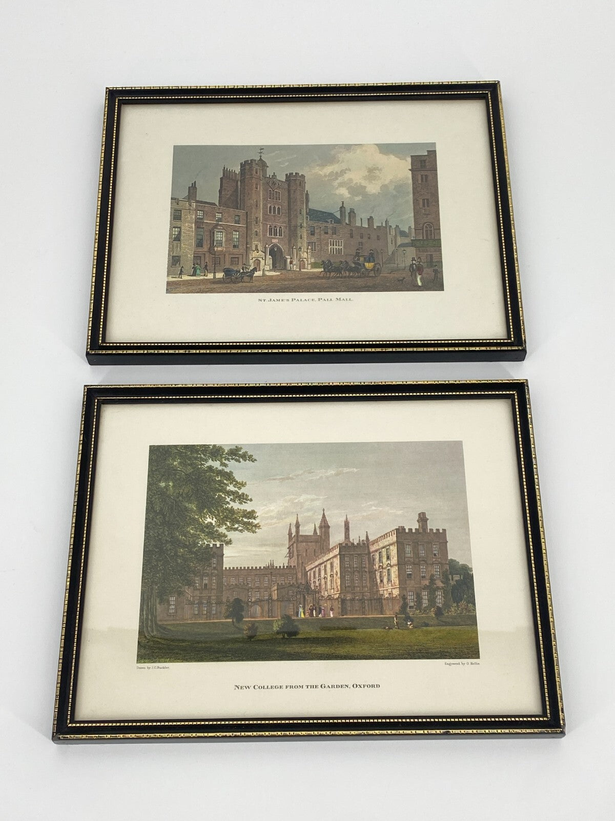 * 2 x DRUCK KUNSTDRUCK RADIERUNG NEW COLLEGE OXFORD ST. JAMES PALACE PALL MALL