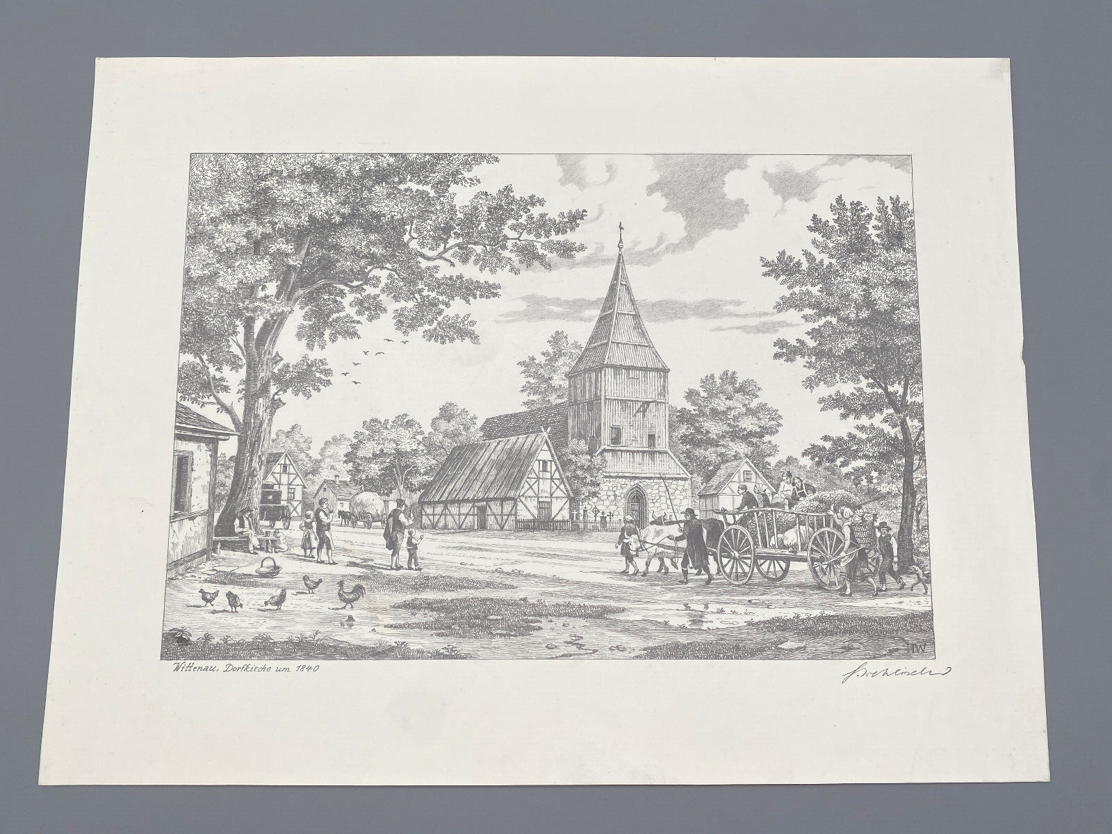 HEINZ WEHLISCH ZEICHNUNG BERLIN WITTENAU DORFKIRCHE UM 1840 HANDSIGNIERT