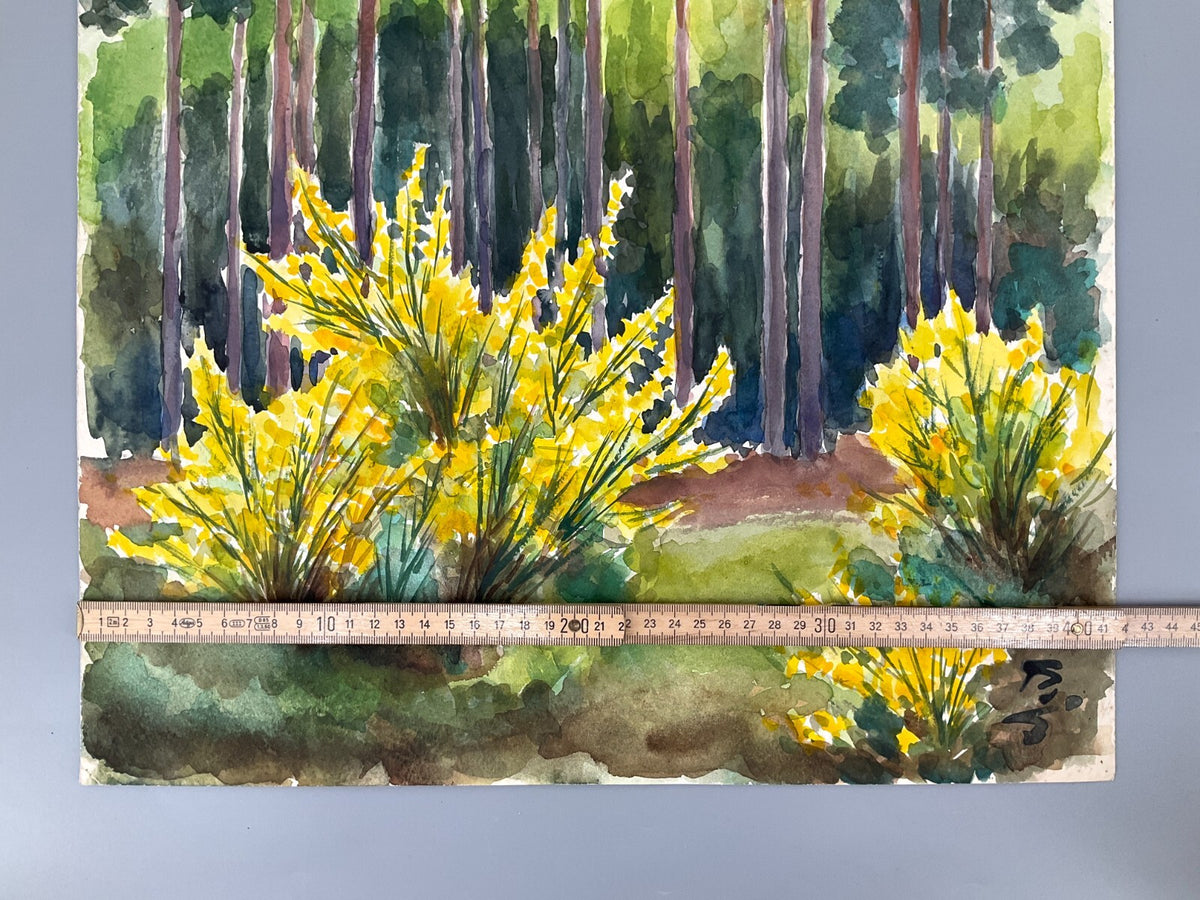*GEMÄLDE WALD MIT GOLDGLÖCKCHEN AQUARELL SIGNIERT FRÜHLING GELB GRÜN UNIKAT