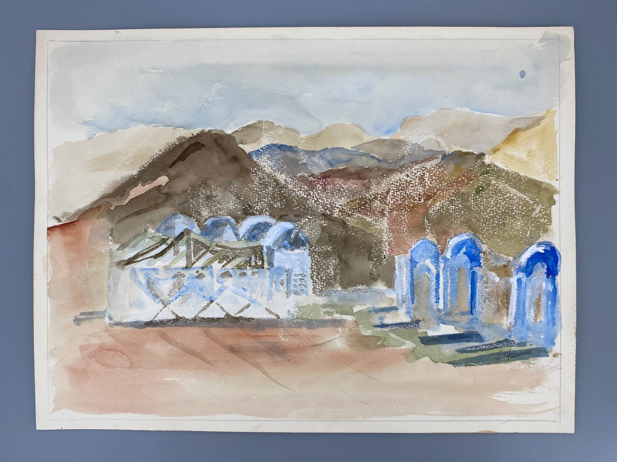 *AQUARELLGEMÄLDE LANDSCHAFT NAHOST NAHER OSTEN WÜSTE HÄUSER SIGRID HANNSE UNIKAT