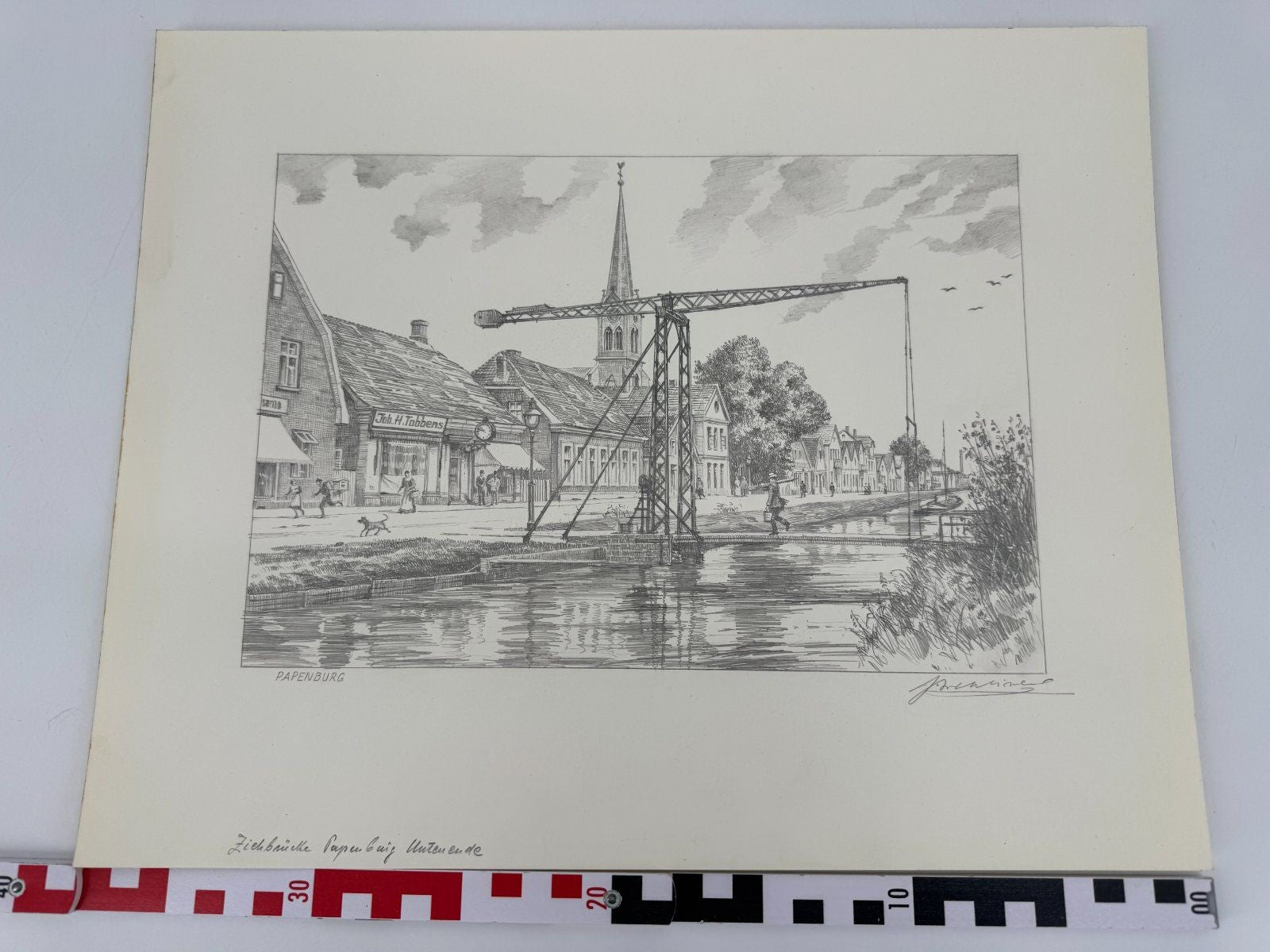 * HEINZ WEHLISCH ZEICHNUNG PAPENBURG ZUGBRÜCKE ANSICHT SIGNIERT