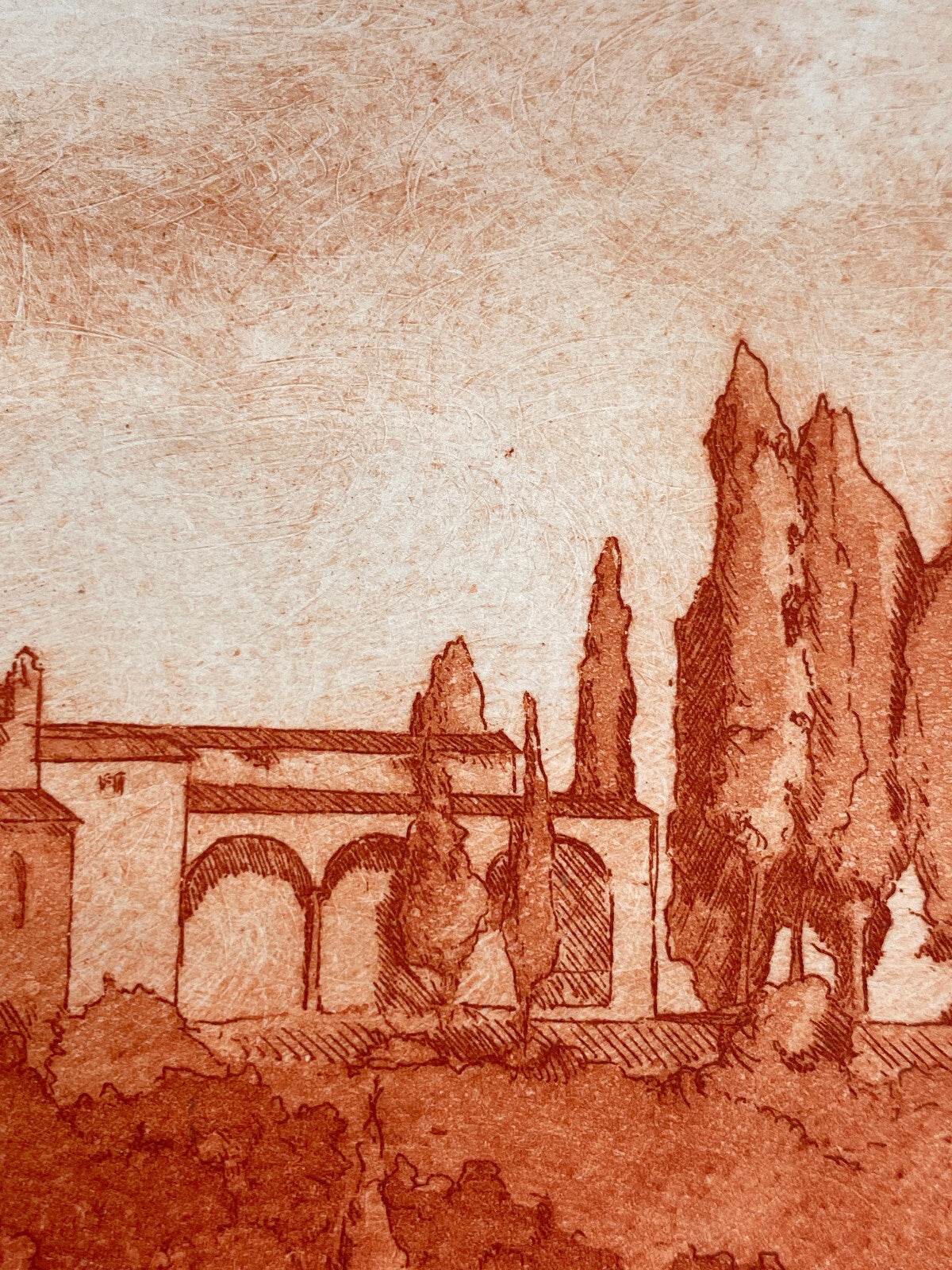 * RADIERUNG KUPFERSTICH ROT KUPFER TOSKANA MEDITERRANE LANDSCHAFT SIGNIERT