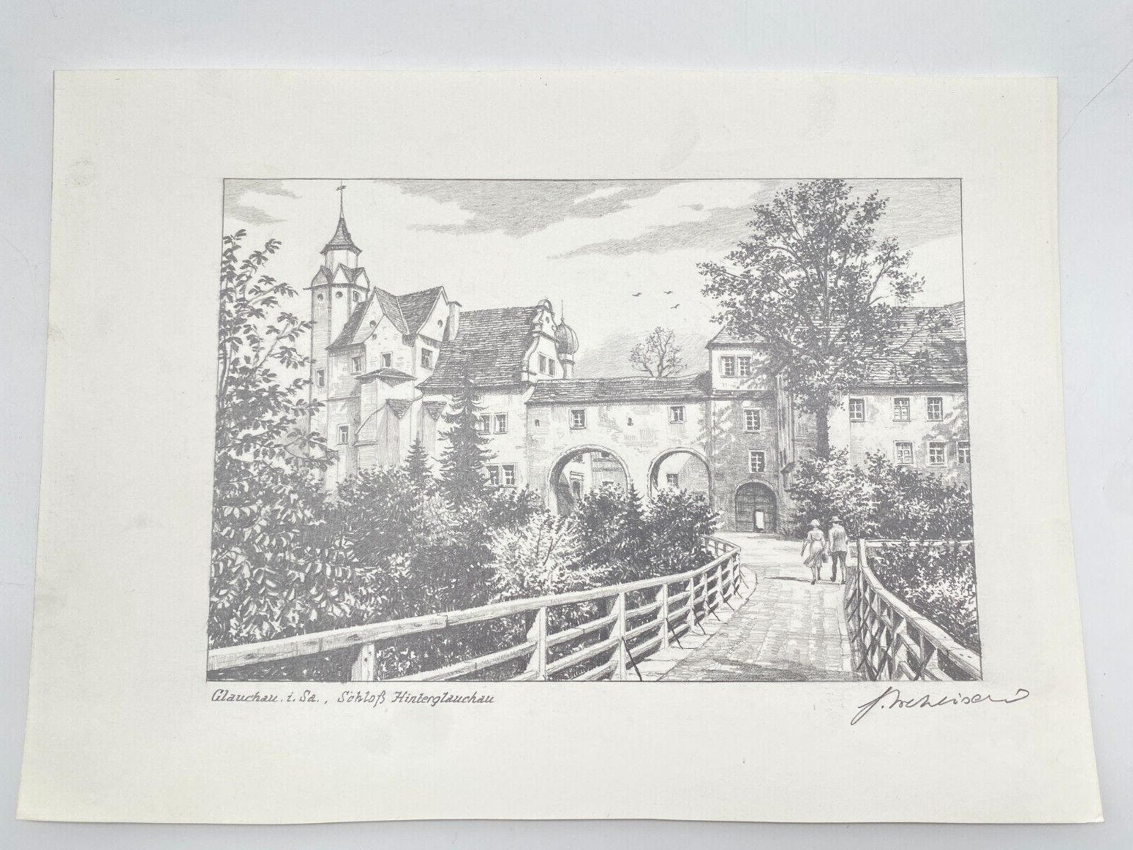 DEUTSCHER KÜNSTLER HEINZ WEHLISCH ZEICHNUNG SCHLOSS HINTERGLAUCHAU HANDSIGNIERT