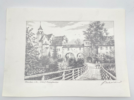 DEUTSCHER KÜNSTLER HEINZ WEHLISCH ZEICHNUNG SCHLOSS HINTERGLAUCHAU HANDSIGNIERT