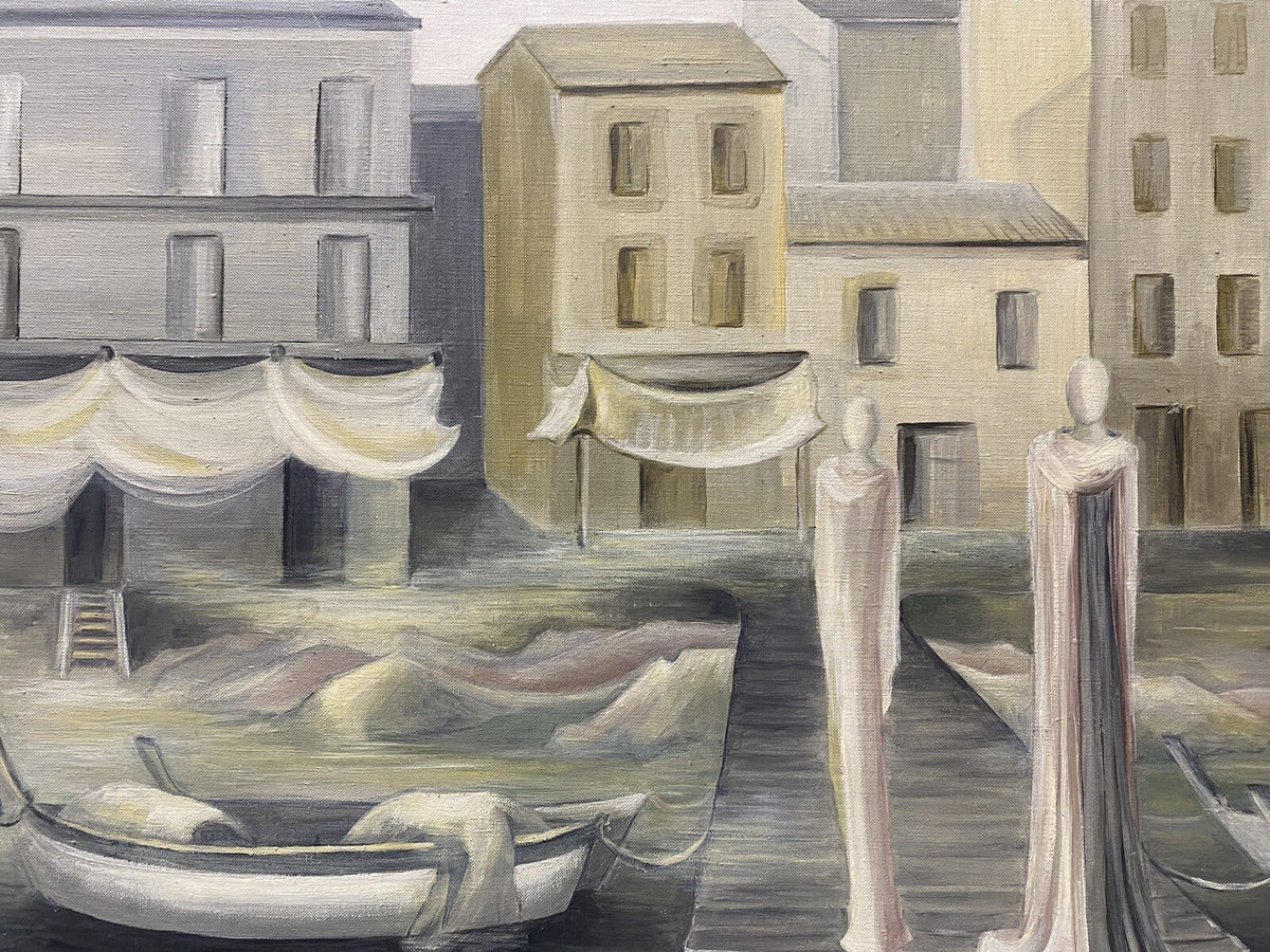 * GEMÄLDE ACRYLGEMÄLDE M.P. MINDVON / MIDNERON 1971 PASTELL HAFEN STEG