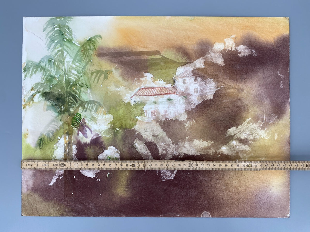 *AQUARELLGEMÄLDE ITALIEN LANDSCHAFT PALME MEDITERRAN VILLA SIGRID HANNSE 90ER