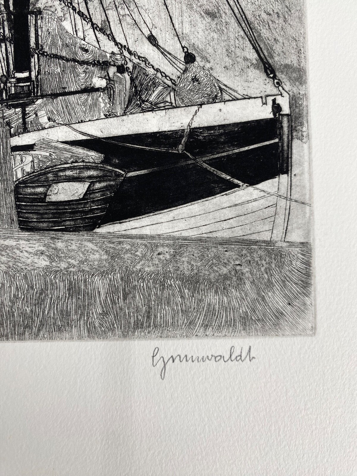 * HERBERT GRUNWALDT 1968 RADIERUNG ORIGINAL KRABBEN FISCHERBOOTE HAFEN SIGNIERT