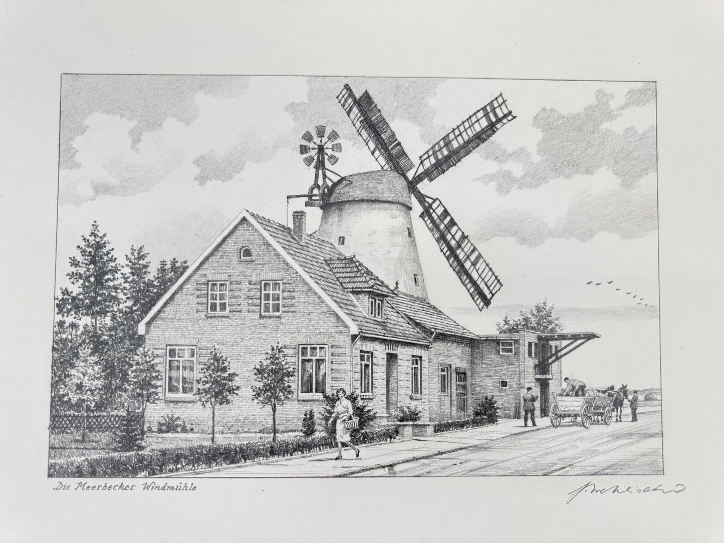 * HEINZ WEHLISCH ZEICHNUNG DIE WINDMÜHLE MEERBECK ANSICHT SIGNIERT
