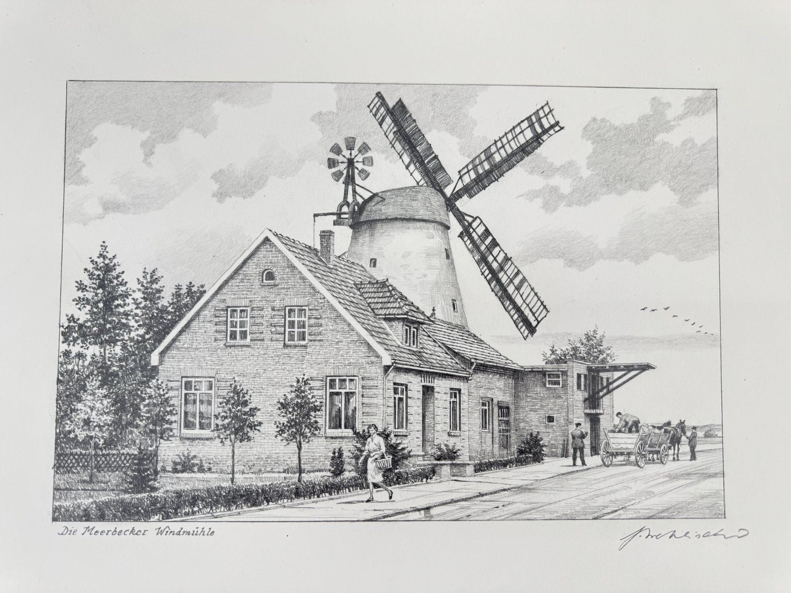 * HEINZ WEHLISCH ZEICHNUNG DIE WINDMÜHLE MEERBECK ANSICHT SIGNIERT