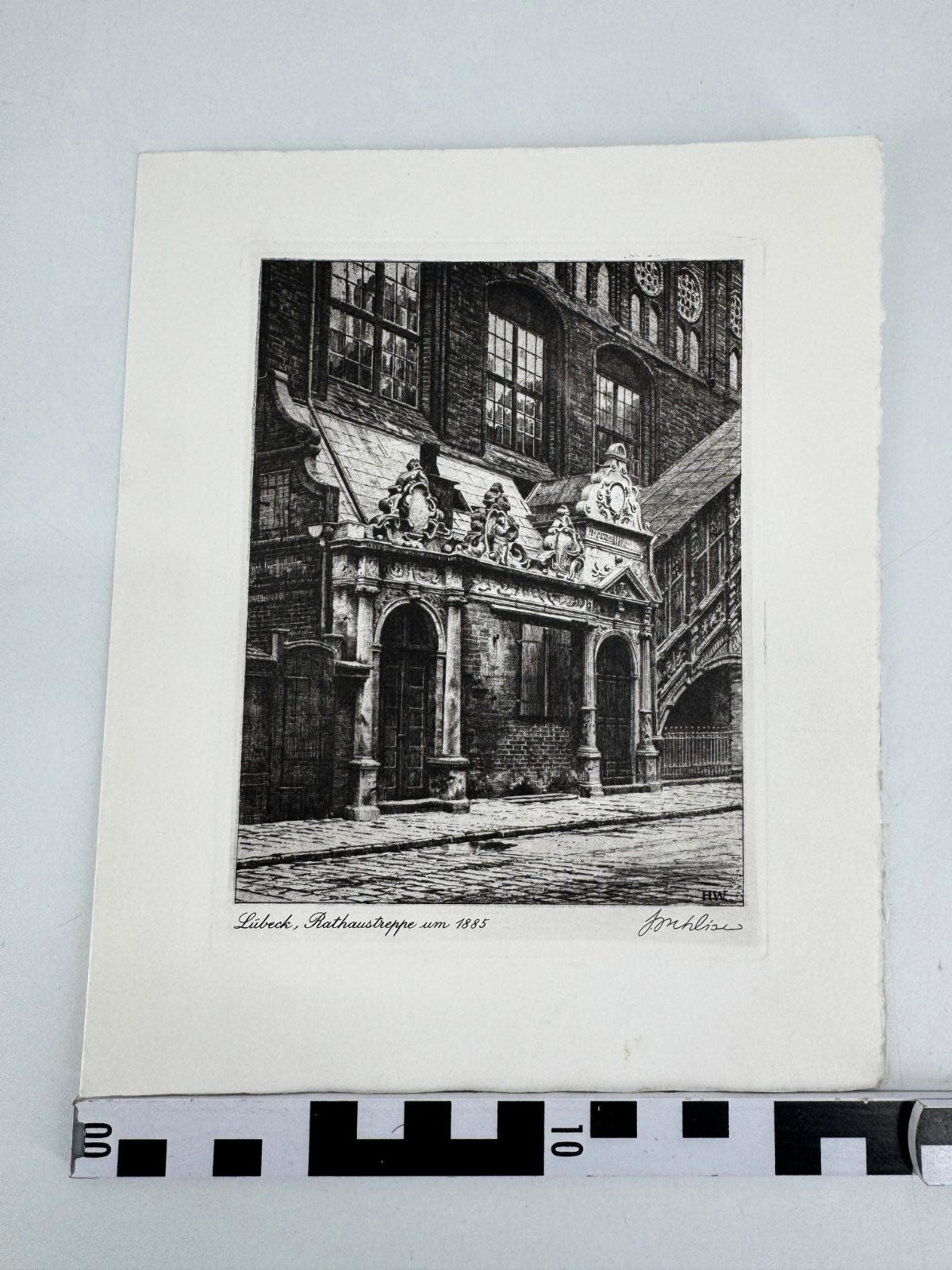 * HEINZ WEHLISCH ORIGINAL RADIERUNG LÜBECK RATHAUSTREPPE UM 1885