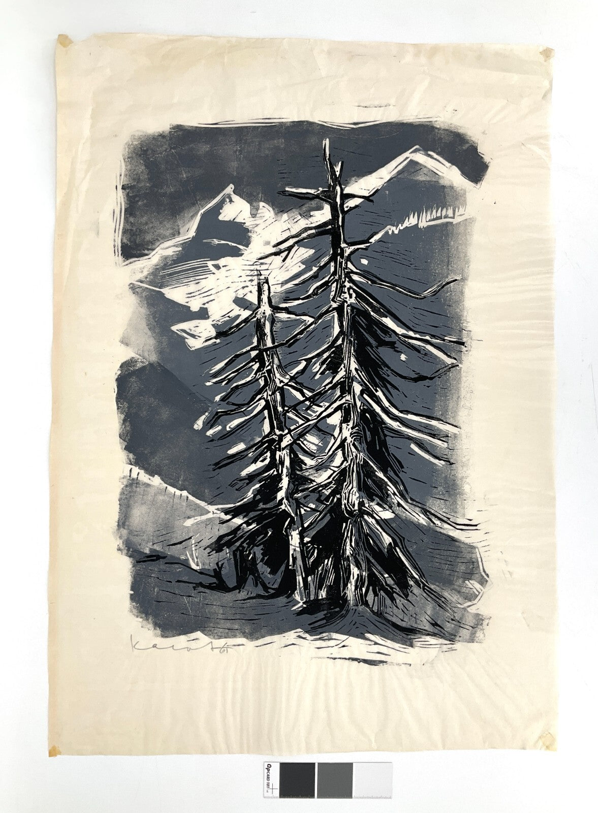 *FARBLINOLSCHNITT WALTER KALOT TANNENBÄUME BERGE SIGNIERT 1961 ORIG LANDSCHAFT