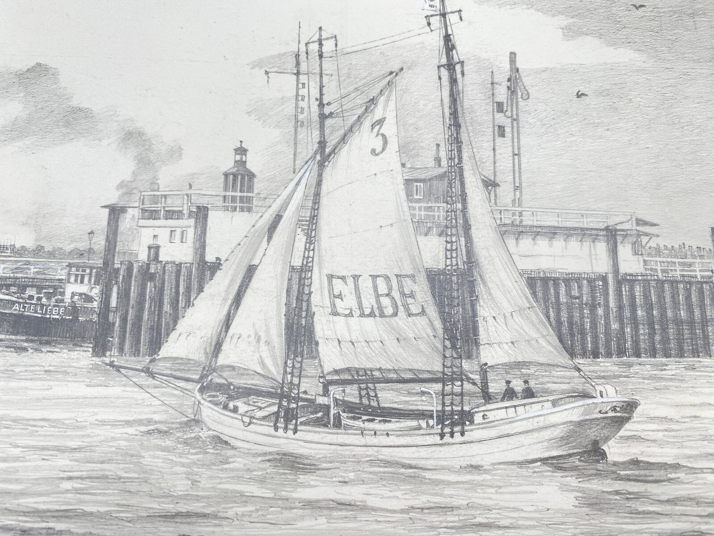 DEUTSCHER KÜNSTLER HEINZ WEHLISCH ZEICHNUNG CUXHAVEN ALTE LIEBE UM 1901 SIGNIERT