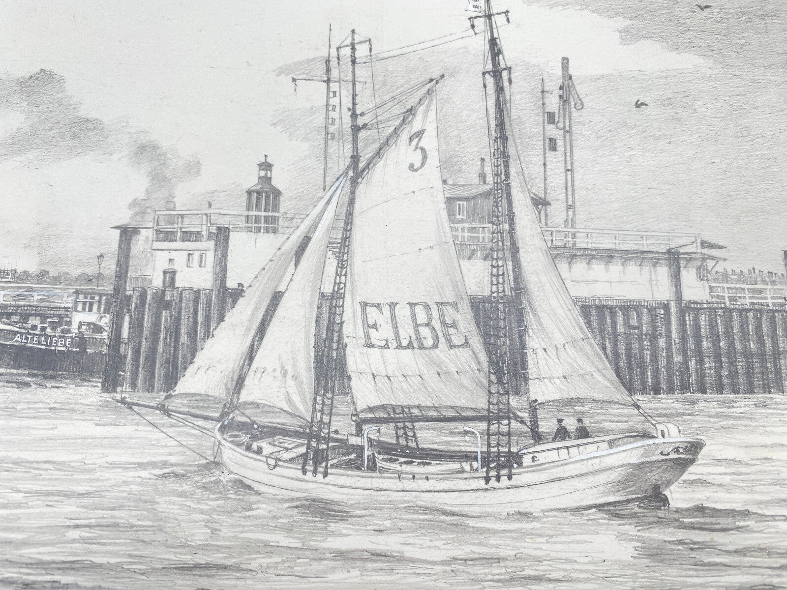 DEUTSCHER KÜNSTLER HEINZ WEHLISCH ZEICHNUNG CUXHAVEN ALTE LIEBE UM 1901 SIGNIERT