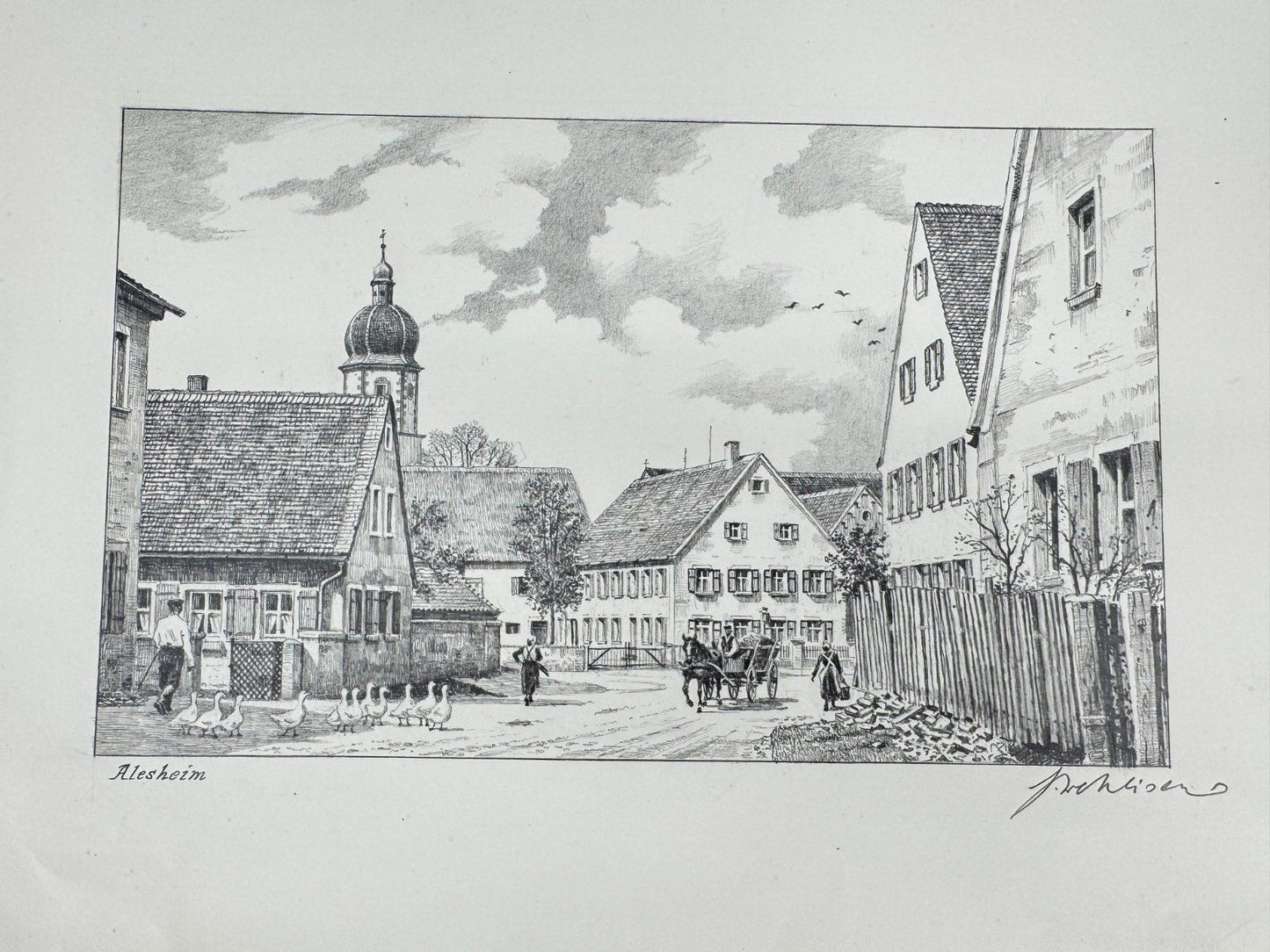 * HEINZ WEHLISCH ZEICHNUNG ALESHEIM UM 1900 ANSICHT SIGNIERT