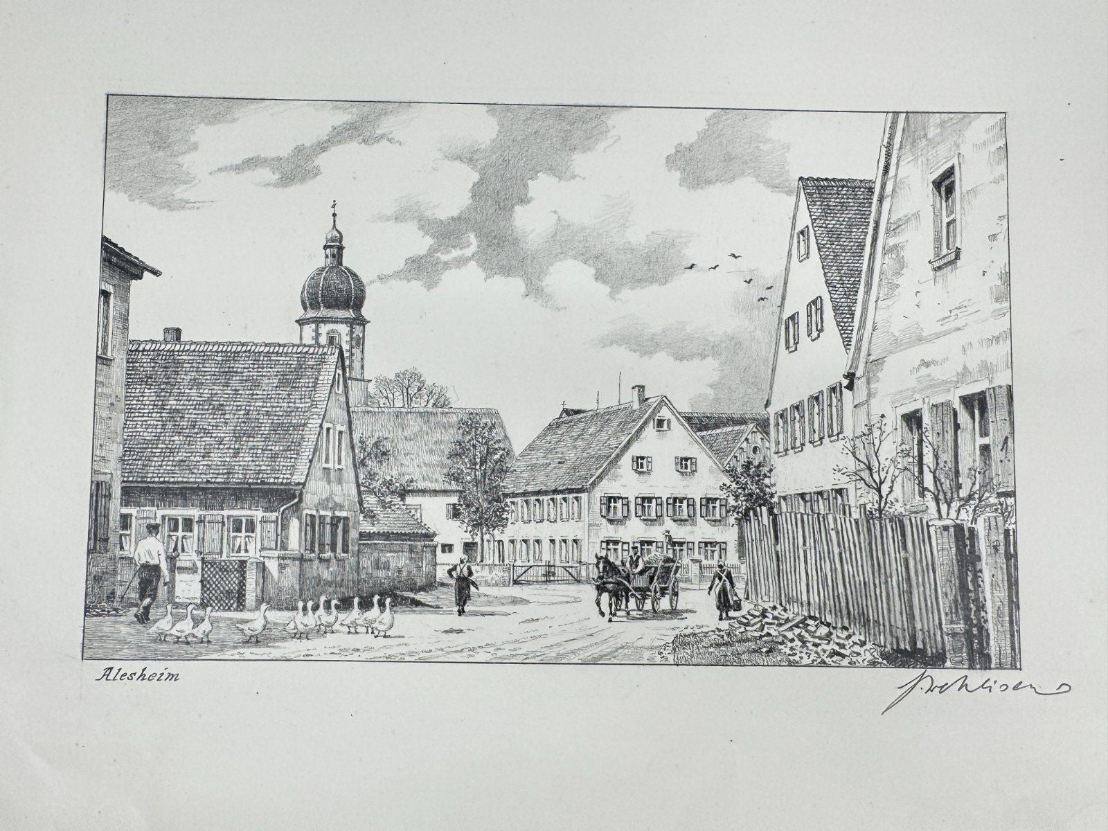 * HEINZ WEHLISCH ZEICHNUNG ALESHEIM UM 1900 ANSICHT SIGNIERT