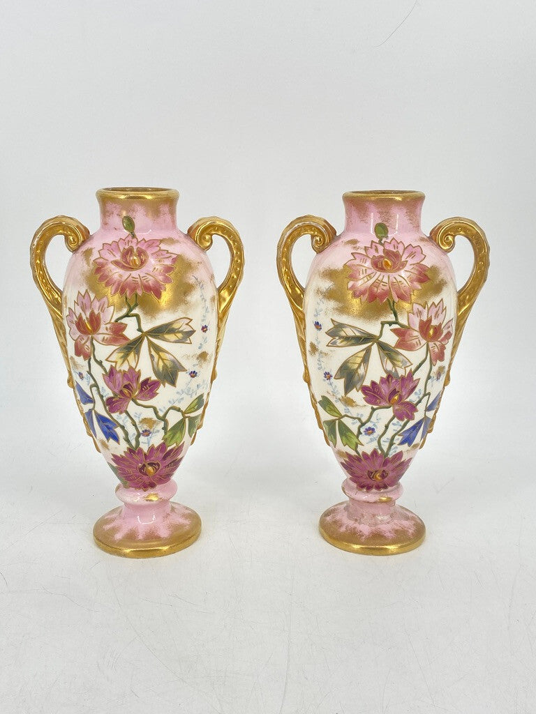 * 2 x VASE PRUNKVASE HENKELVASE BONN FRANZ ANTON MEHLEM PORZELLAN GOLD FLORAL