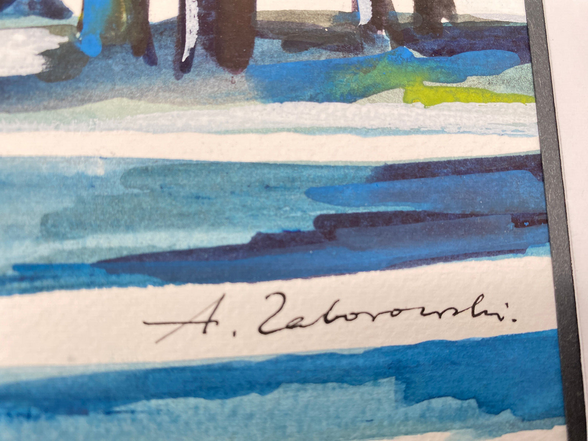 ANTONI ZABOROWSKI *1939 AQUARELL ZEICHNUNG WALD SCHNEE POLEN SIGNIERT 21x15 cm