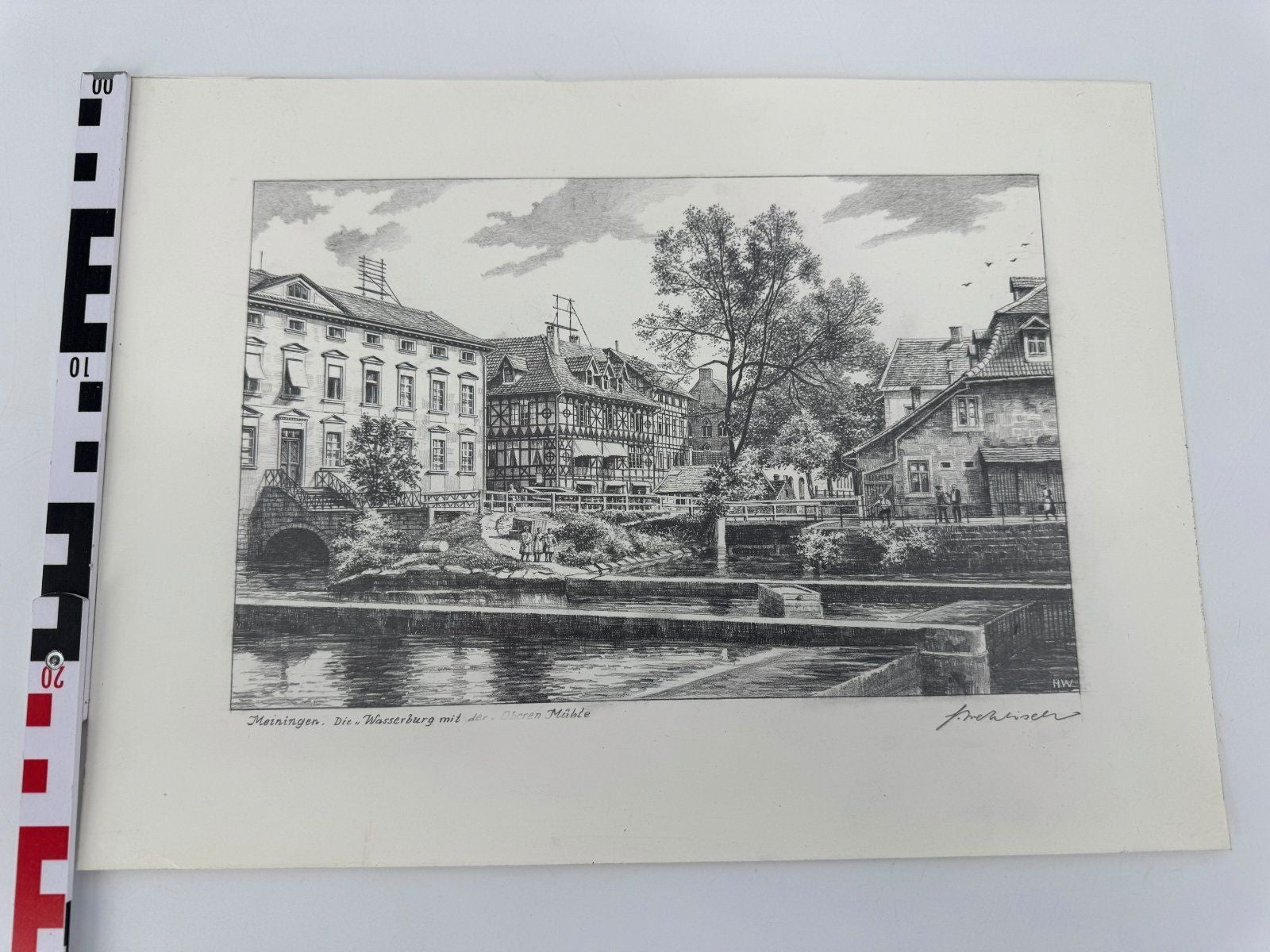 * HEINZ WEHLISCH ZEICHNUNG MEININGEN WASSERBURG MÜHLE ANSICHT