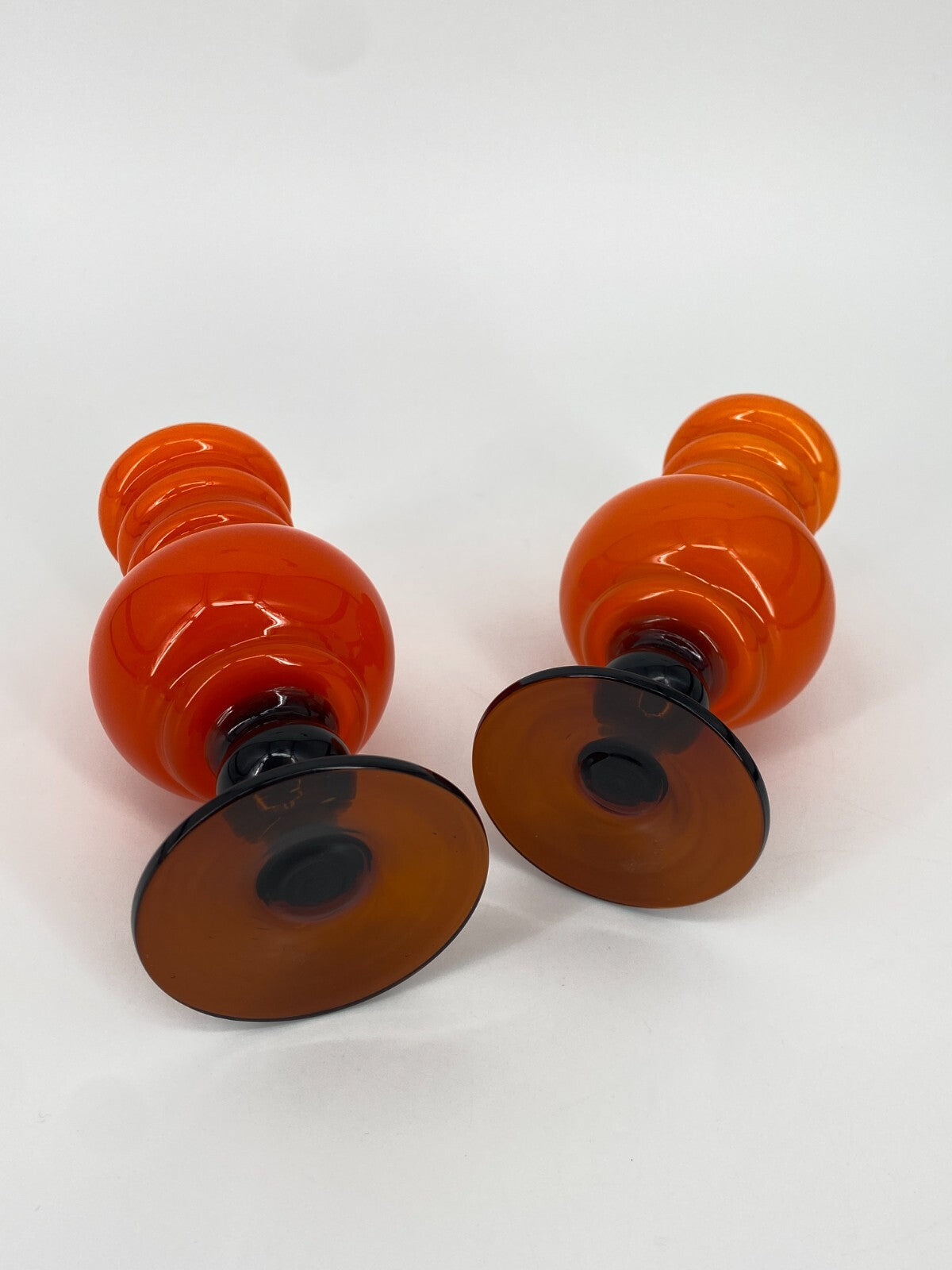 * 2x GLAS VASEN 60ER 70ER HOOPED ORANGE BRAUN 15 CM MIDCENTURY DESIGN