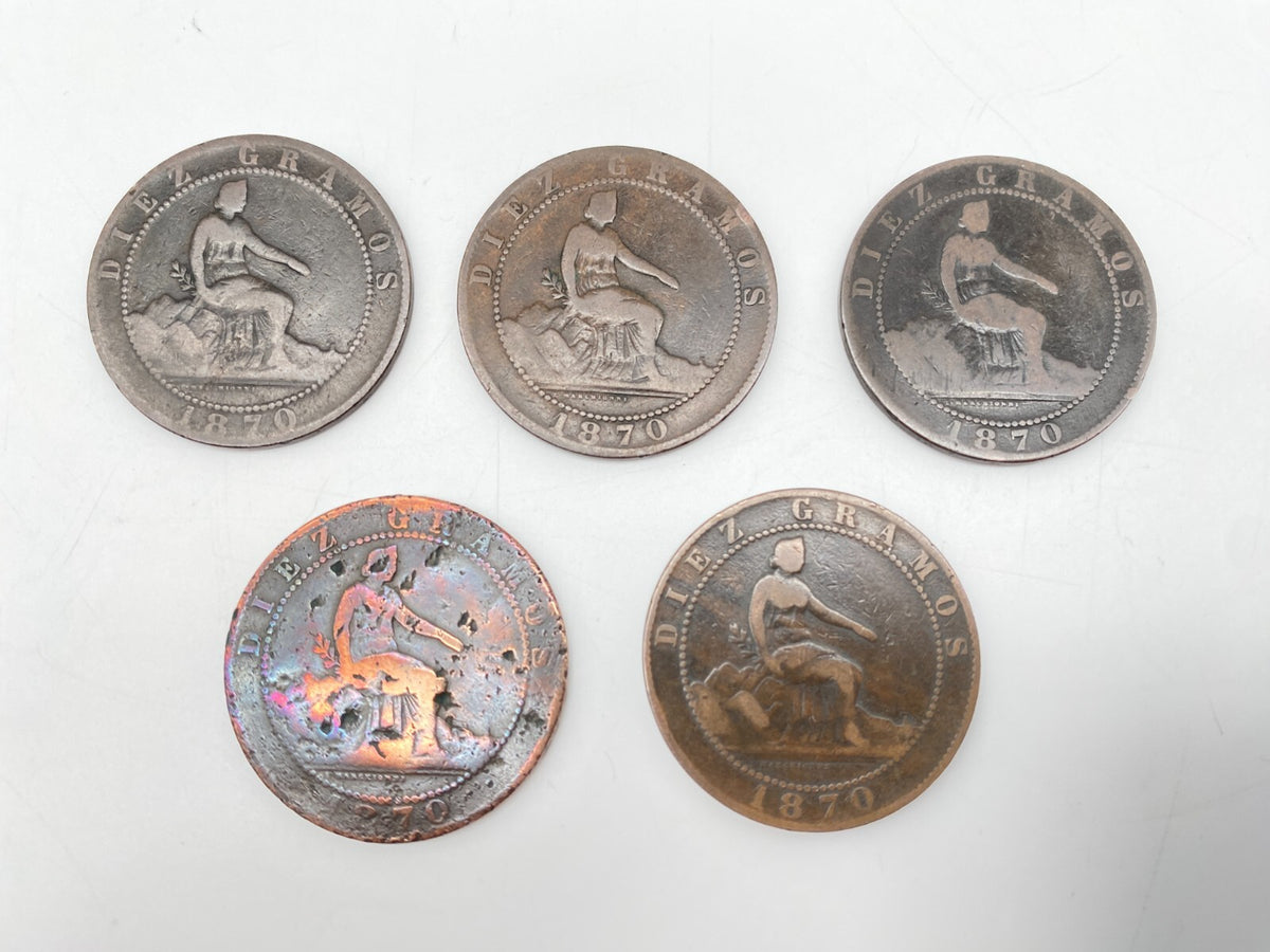 5X KUPFER MÜNZEN SPANIEN 10 CENTIMOS 1870  ÜBERGANGSREGIERUNG 1869  1874