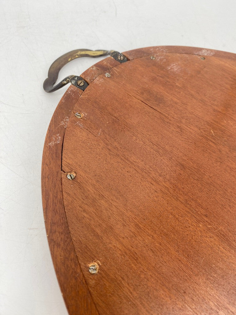 * TABLETT OVAL ANTIK 1900 HOLZ INTARSIEN STERN MESSING GLASPLATTE SERVIERTABLETT