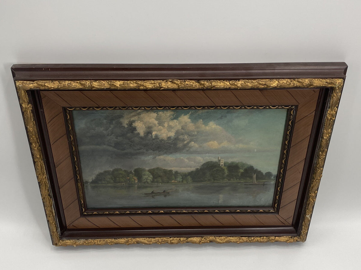 * ÖLGEMÄLDE BILD ÖL INSEL BOOT WETTER WOLKEN ANSICHT ANTIK 1909