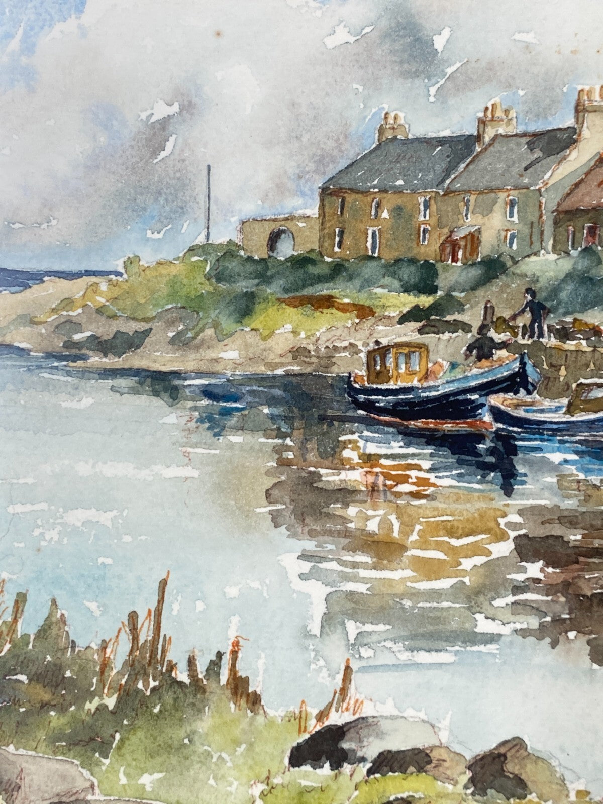* GEMÄLDE HAFEN AQUARELL R. M. LAMING SIGNIERT FISCHER BOOTE MEER VINTAGE