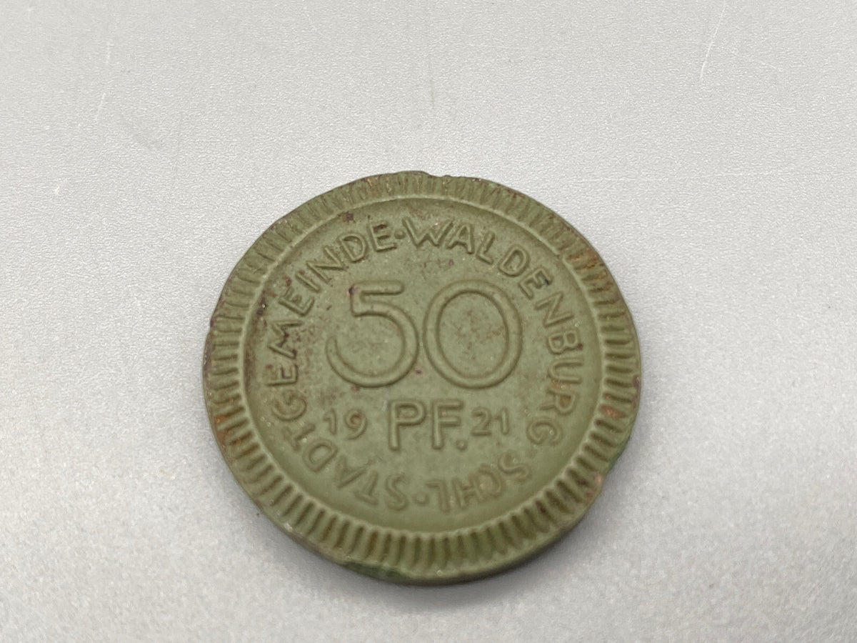 NOTGELD WALDENBURG SCHLESIEN 50 PFENNIG 1921 GRÜNES PORZELLAN SAMMLERSTÜCK