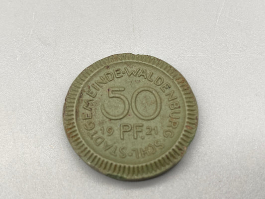 NOTGELD WALDENBURG SCHLESIEN 50 PFENNIG 1921 GRÜNES PORZELLAN SAMMLERSTÜCK