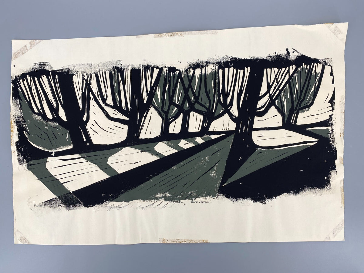 *WALTER KALOT LINOLSCHNITT GRAFIK SCHATTEN BÄUME 1965 ORIGINAL HANDSIGNIERT