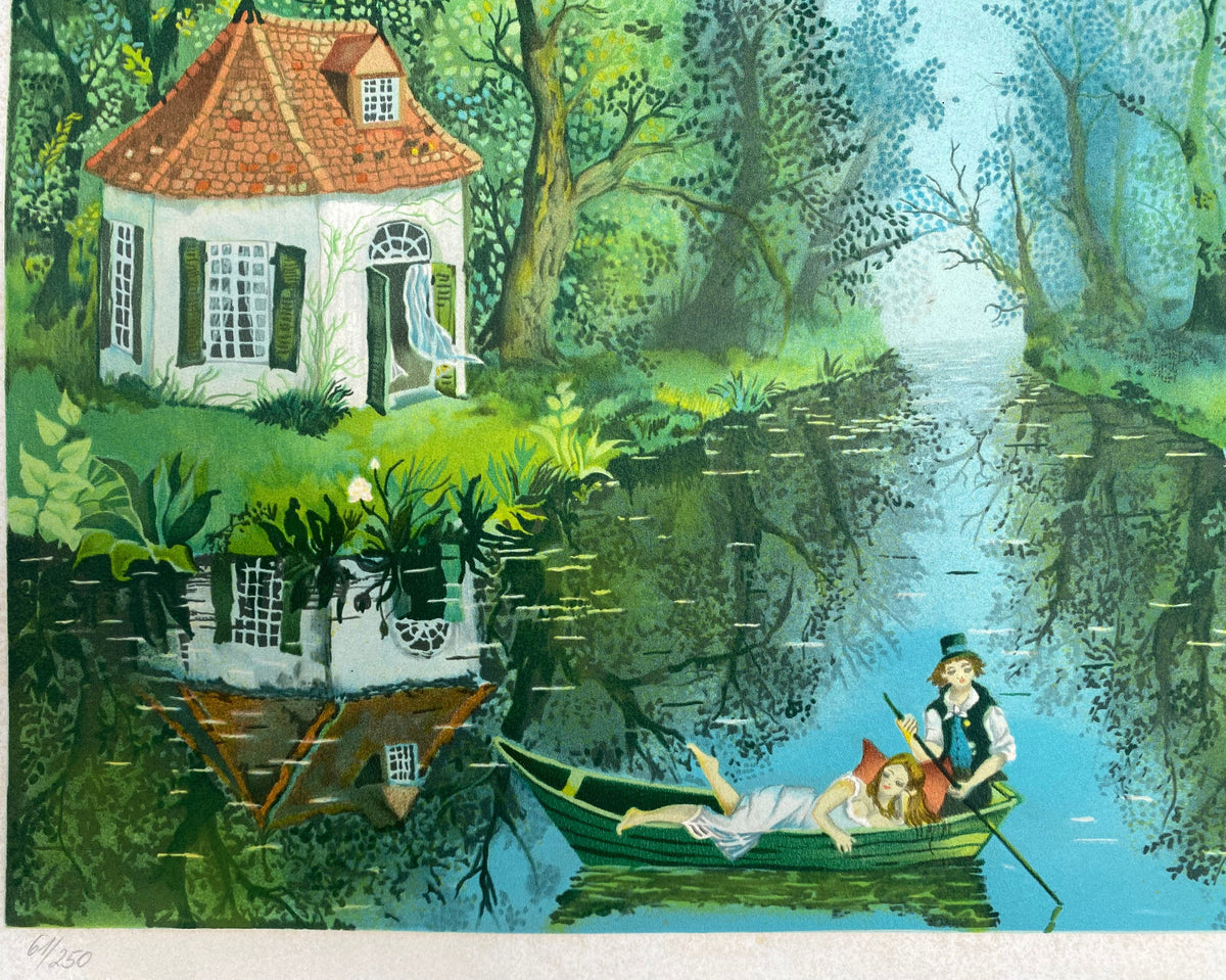 * LITHOGRAFIE KATRIN MACK NAIVE MALEREI DRUCK LIEBESPAAR NATUR BOOT