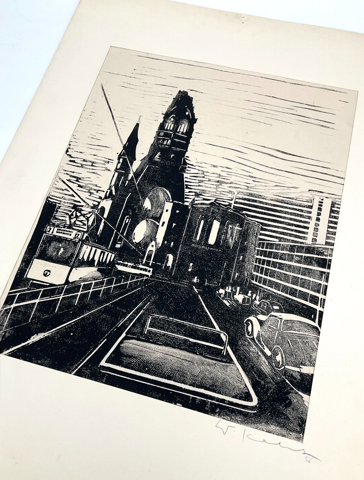 *LINOLSCHNITT WALTER KALOT BERLIN BREITSCHEIDPLATZ ZOO 1956 ORIGINAL EXPRESSIONI