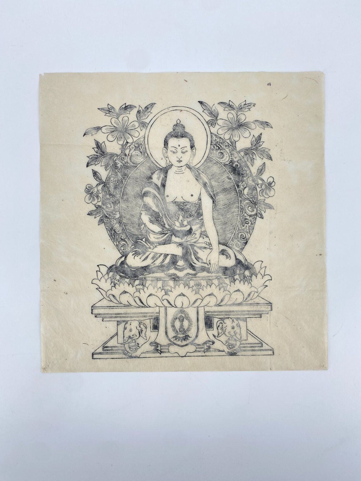 * HOLZSCHNITT BUDDHA ASIEN GRAFIK DRUCK TIBET DHARMACHAKRA MUDRA