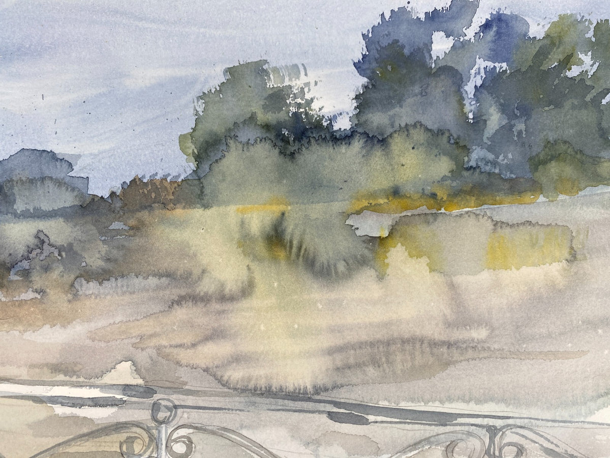 *AQUARELLGEMÄLDE LANDSCHAFT MIT BRÜCKENGELÄNDER FLUSS SIGRID HANNSE UNIKAT 90ER