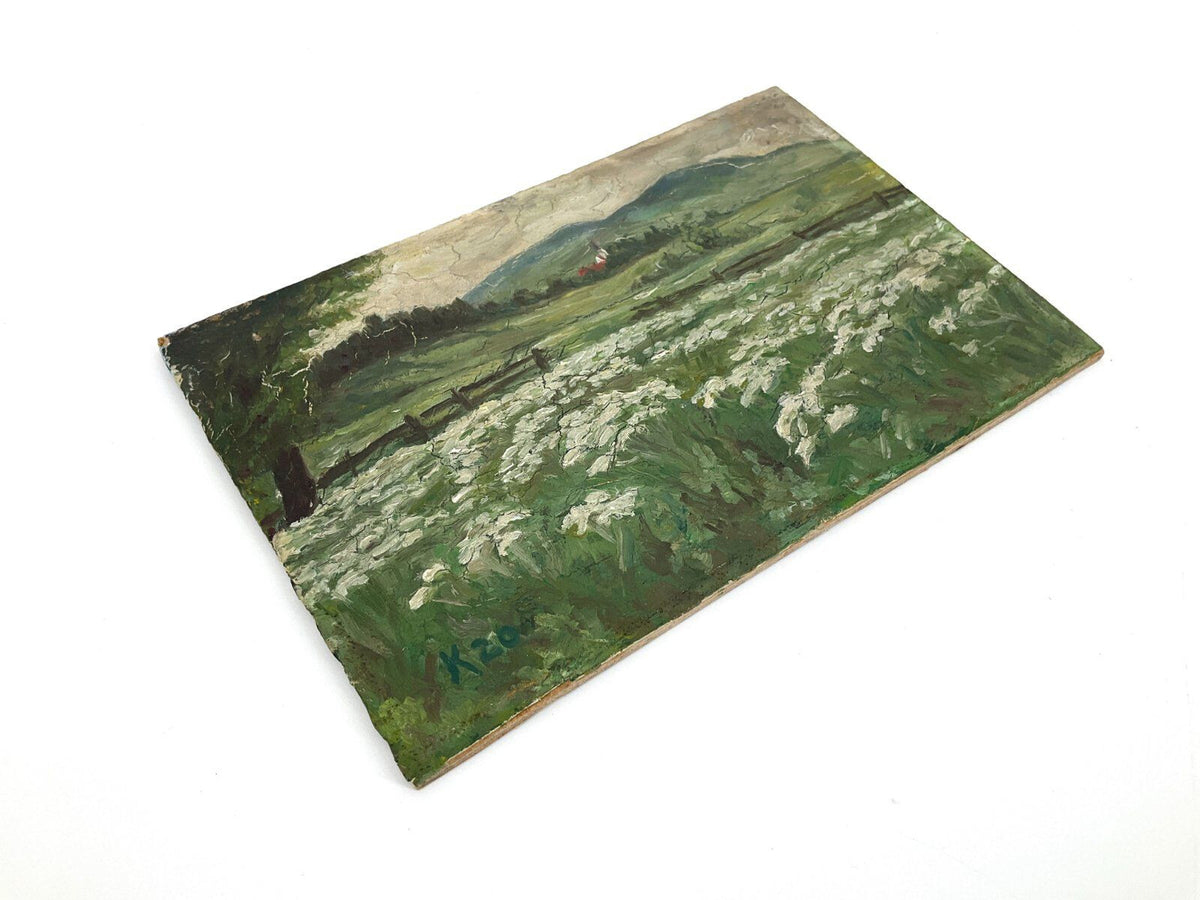 *ÖLGEMÄLDE K 1920 LANDSCHAFT BLÜHENDE PFLANZEN KIRCHE FELD