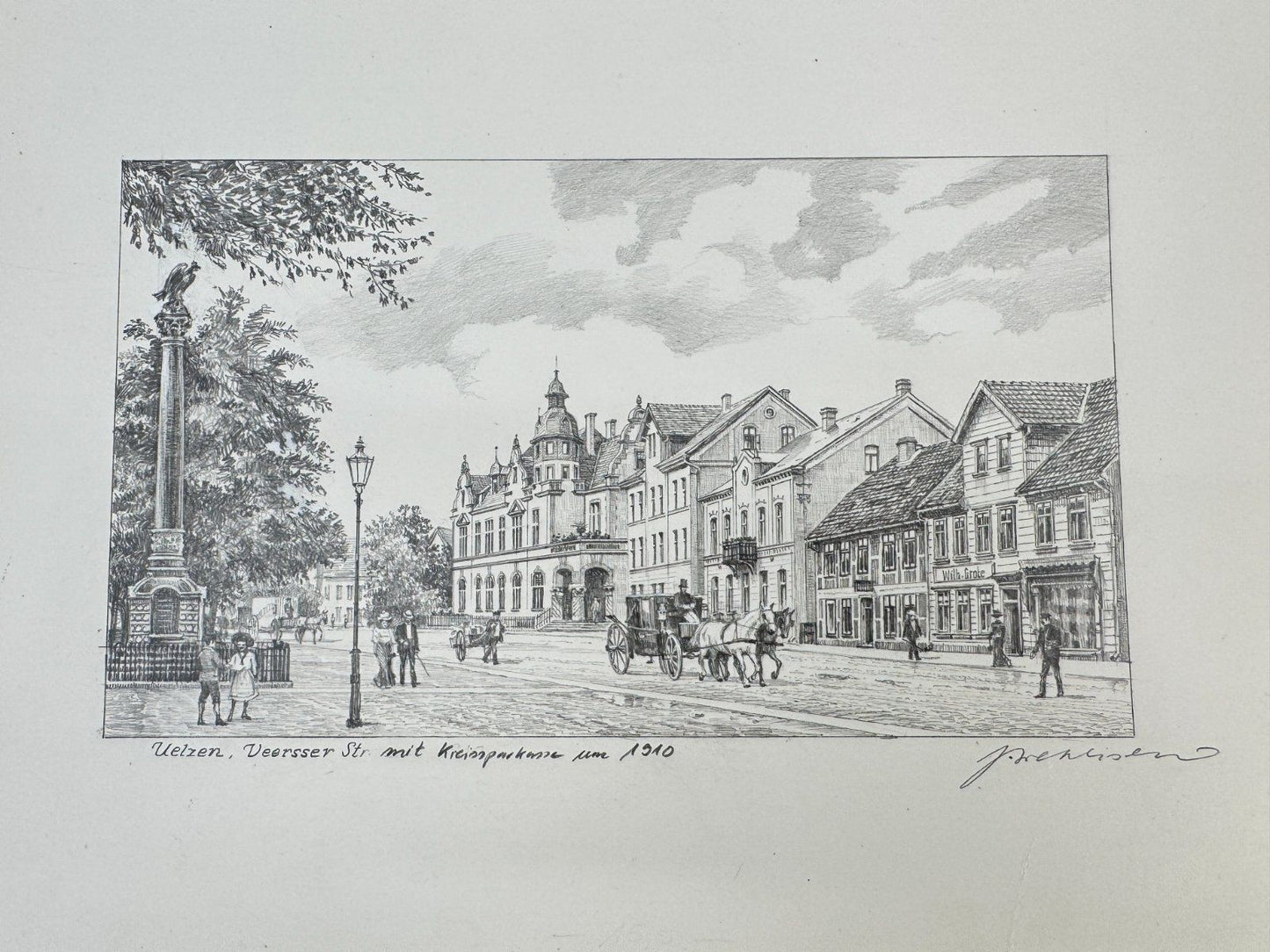 * HEINZ WEHLISCH ZEICHNUNG UELZEN VEERßER STR 1910 ANSICHT SIGNIERT