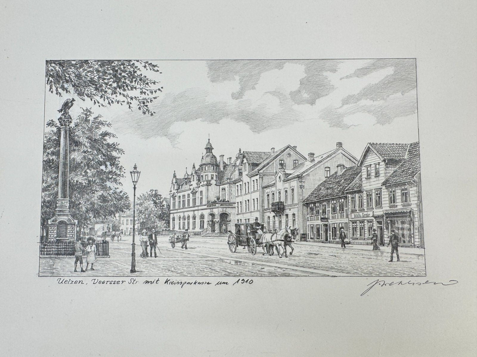 * HEINZ WEHLISCH ZEICHNUNG UELZEN VEERßER STR 1910 ANSICHT SIGNIERT