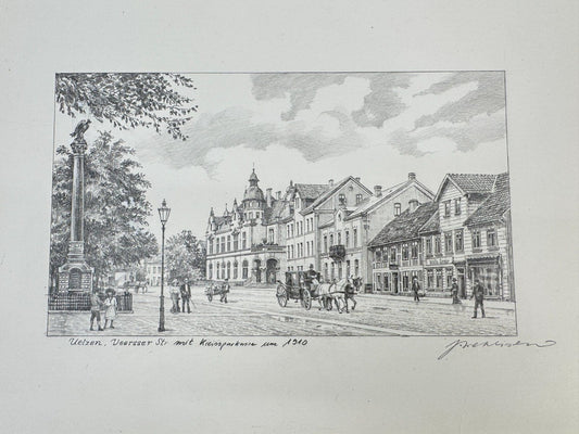 * HEINZ WEHLISCH ZEICHNUNG UELZEN VEERßER STR 1910 ANSICHT SIGNIERT