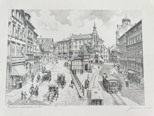 * HEINZ WEHLISCH ZEICHNUNG PFORZHEIM LEOPOLDPLATZ 1903 ANSICHT SIGNIERT